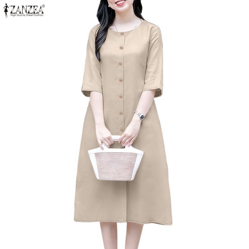 Zanzea ชุดเดรสผู้หญิงดีไซน์เกาหลี ทรงหลวม สบาย แขน 3/4 ตกแต่งปุ่ม ไม่มีกระเป๋า