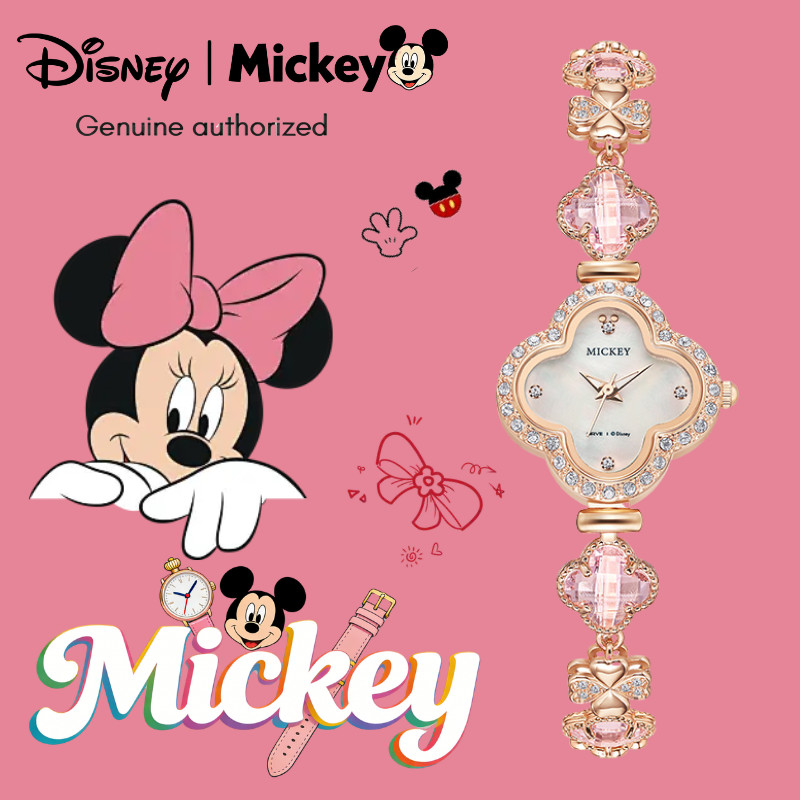 Disney ของแท้ Mickey Mouse Four-Leaf Clover สร้อยข้อมือนาฬิกา Quartz Movement กันน้ํา Luminous นาฬิกาผู้หญิง