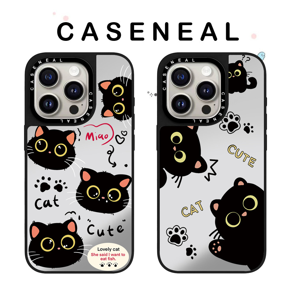 CASENEAL น่ารักแมวดําคุณภาพสูงกระจกเคสโทรศัพท์เหมาะสําหรับ iPhone 17ProMax 17pro 17 air 16promax 16 15promax 15 14promax 13 13promax แฟชั่น Anti Drop Hard Case