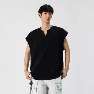MR9 Sleeveless Top BX14 เสื้อแขนกุด เสื้อกล้าม คอHenley Oversize ลำลอง Man Clothing ดำ ขาว และครีม