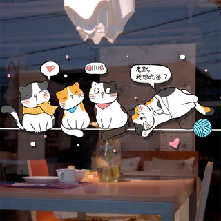 การ์ตูนลูกแมวและลูกสุนัขครัวประตูกระจกสติ๊กเกอร์ตกแต่งร้านค้าหน้าต่างพร้อมป้องกันการชนกันสติกเกอร์แบบคงที่