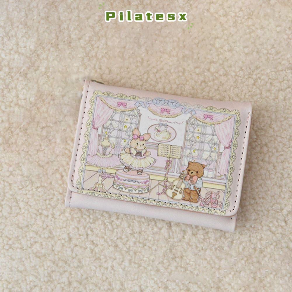 PILATESX กระเป๋าสตางค์ใบสั้น, กระเป๋าเงินหลายช่องแบบพกพา, แฟชั่น PU Bear และ Rabbit Card Holders Woman