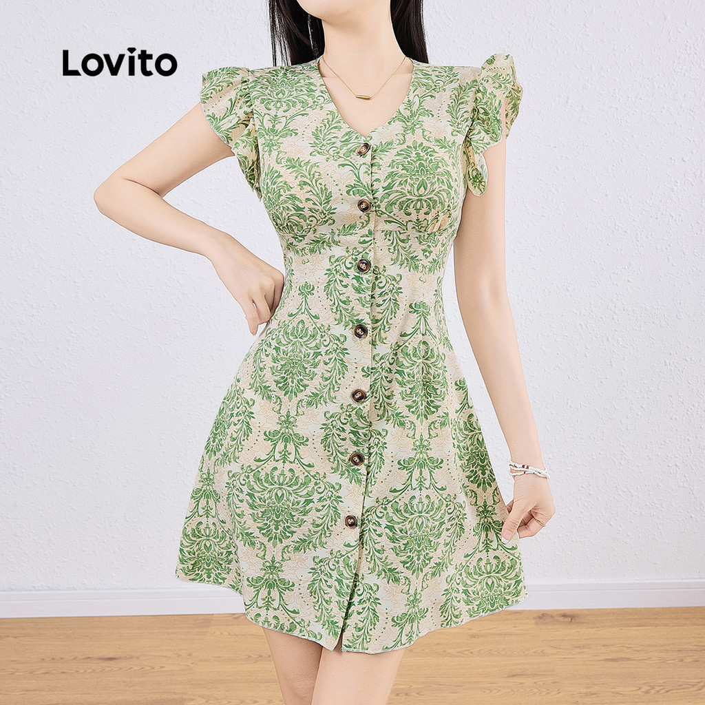 Lovito โบฮีเมียนลายชนเผ่ากระดุมระบายDraped เดรสสําหรับผู้หญิง L132AD1080