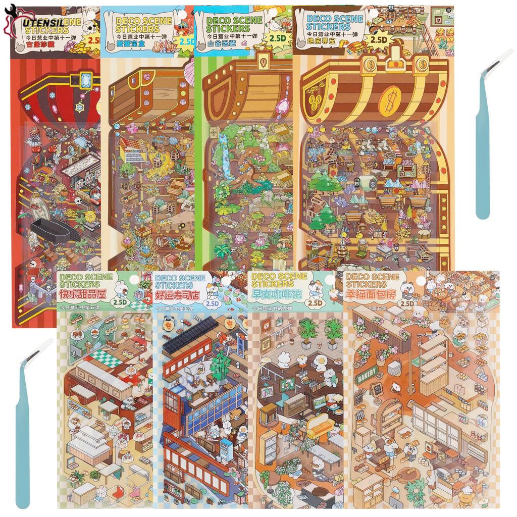 8 ชิ้นน่ารักการ์ตูนฉากสติกเกอร์ชุด PET DIY 3D Miniature House สติกเกอร์ชุดสําหรับผู้ใหญ่ SHOPSBC8953