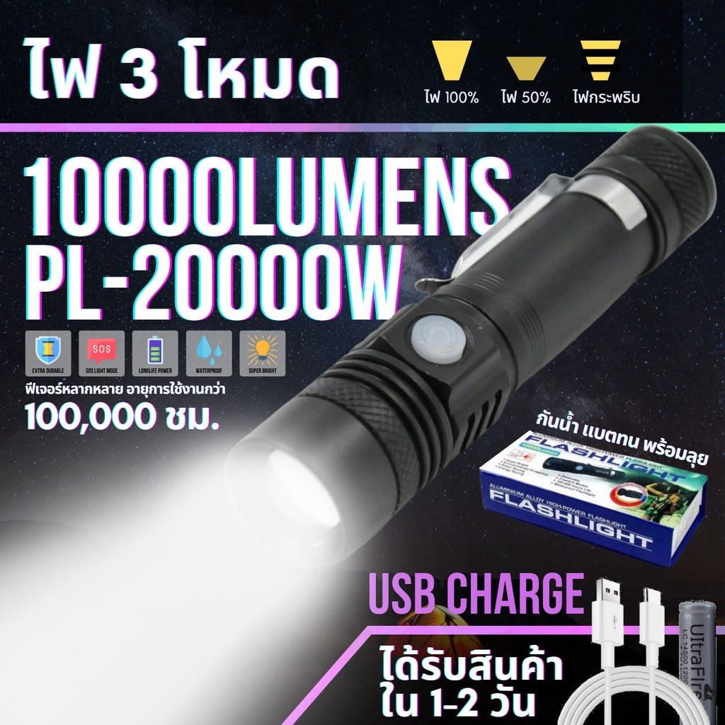 ไฟฉาย UltraFire ไฟฉายแรงสูง ซูม led lights รุ่นPL-518 20000W Flashlight 10000 Lumen ไฟฉายพกพา