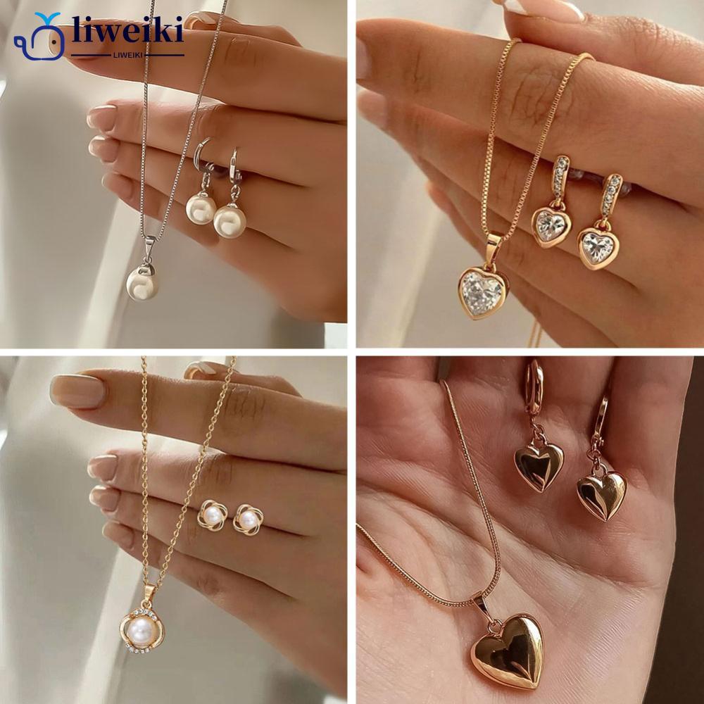 LIWEKI 3 ชิ้น/เซ็ตรอบจี้มุกสร้อยคอต่างหูชุดเครื่องประดับสําหรับผู้หญิงแฟชั่นสีทองงานแต่งงานทุกวันของ