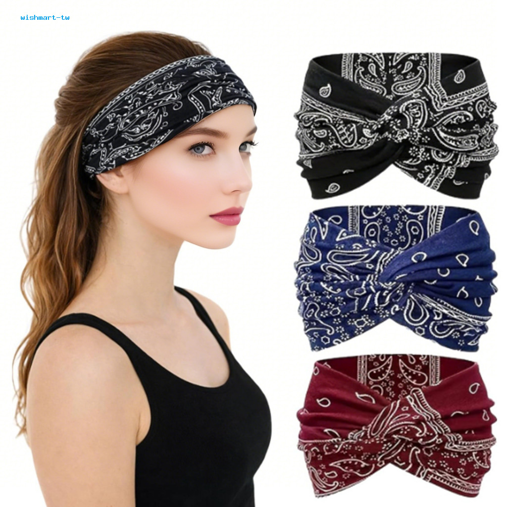 ที่คาดผม Boho กว้าง 3 ชิ้น ลาย tie-dye leopard paisley ยืดหยุ่น เหมาะสำหรับออกกำลังกายและโยคะ