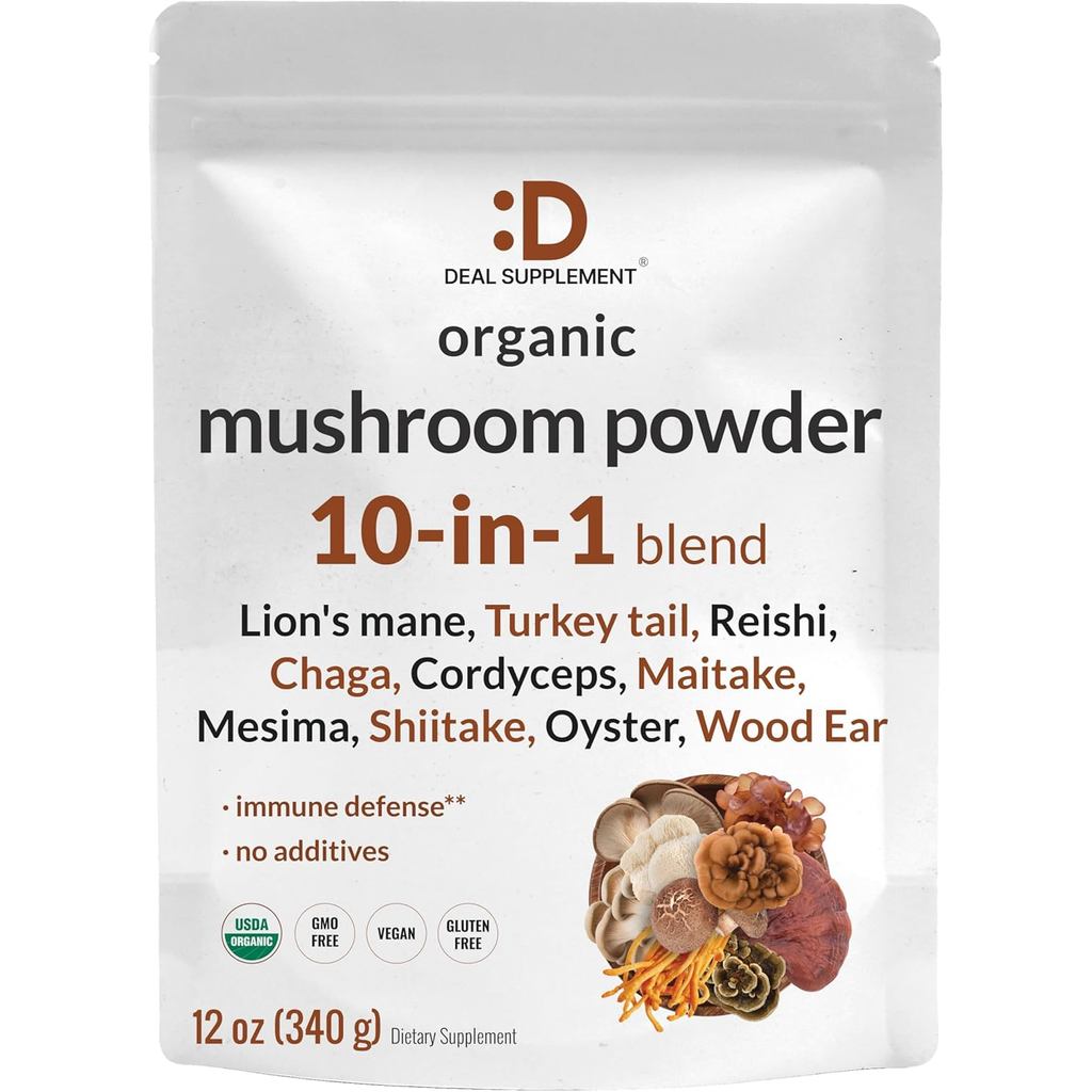 ข้อเสนอ ผงเห็ดออร์แกนิก , 12oz – 10 in 1 Active Blend – เห็ดหอม, s Mane, Cordyceps, Chaga, with More