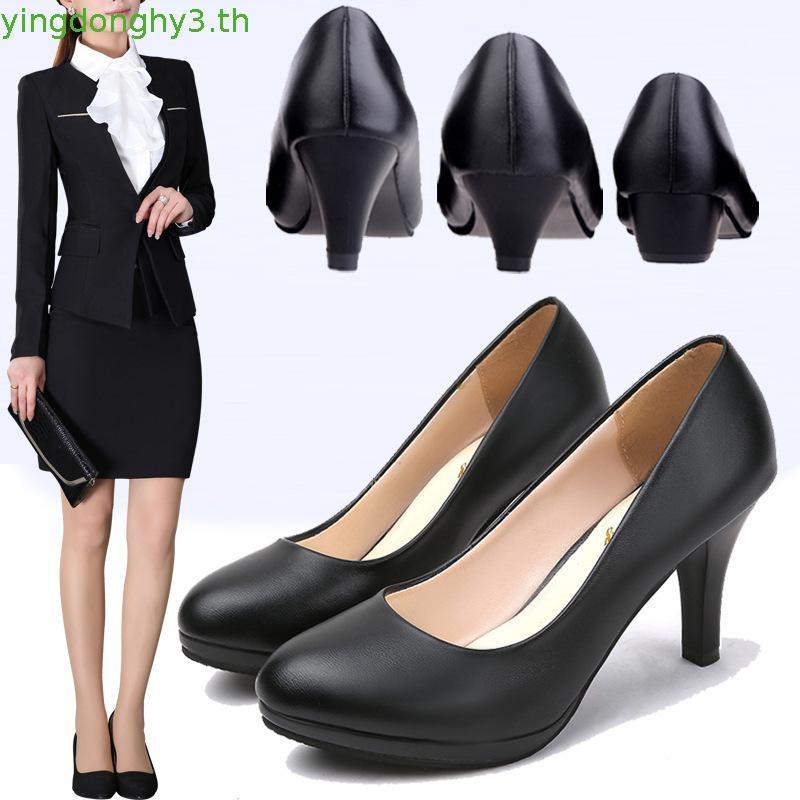 high heels heels for women รอบ นิ้วเท้า รองเท้าทํางานสีดํามืออาชีพอย่างเป็นทางการสวมใส่มารยาทสัมภาษณ