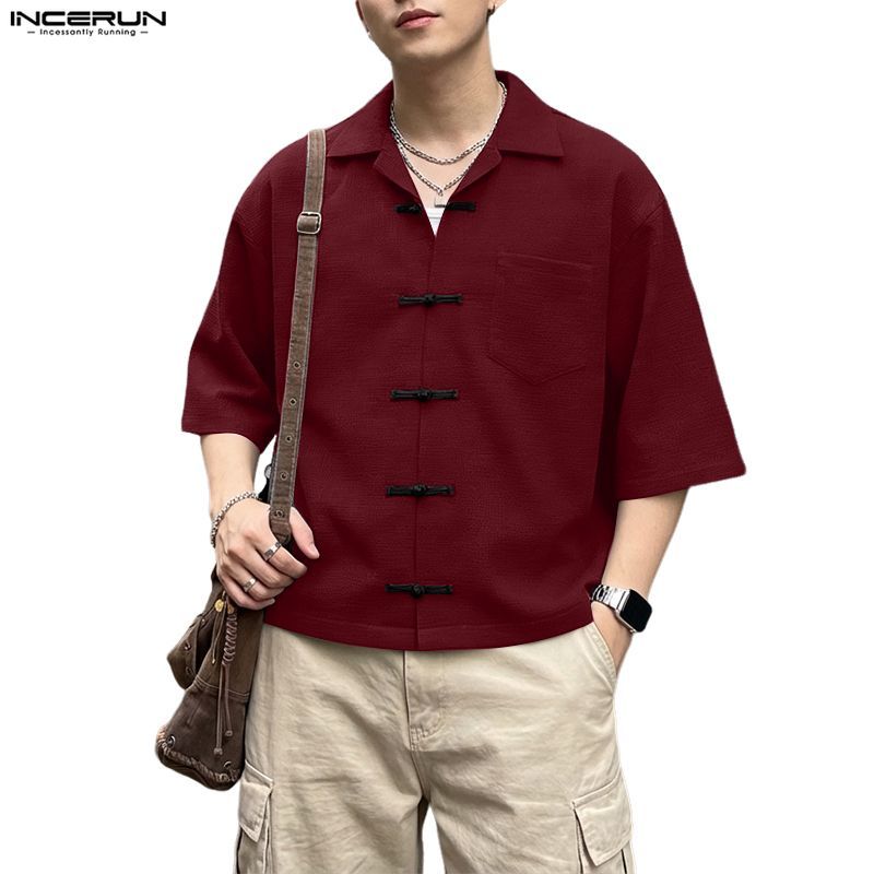 เสื้อเชิ้ตแขนห้าส่วนหัวเข็มขัดวาฟเฟิล