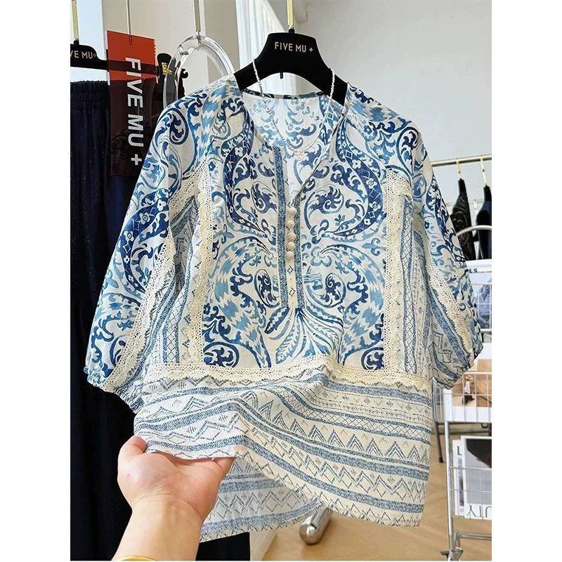 ขนาดใหญ่ 150 กก. High-End Light สไตล์จีนใหม่จีนแขนสั้นเสื้ออารมณ์ผู้หญิงฤดูร้อน Lace Top ins