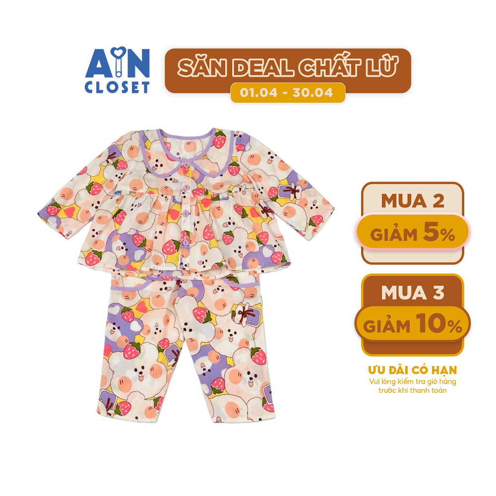 ชุด Ao Dai ของเด็กผู้หญิงลายหมีสีม่วงและผ้าฝ้ายลินินสตรอเบอร์รี่ - AICDBGGWB3N9 - AIN Closet