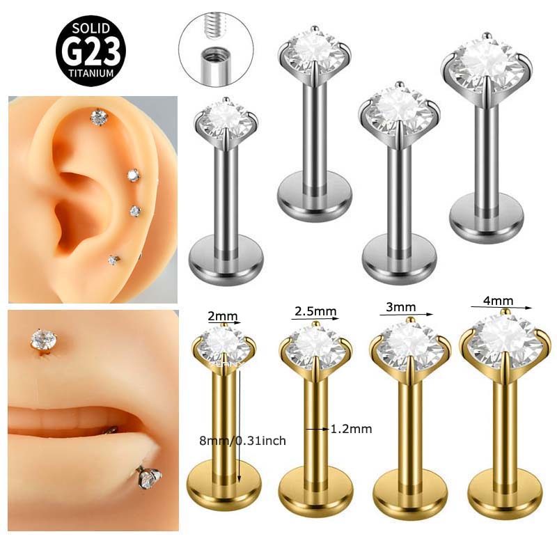 1 ชิ้น/เดี่ยวแบนหัว Labret Lip Stud 2-4 มม.Zirconia G23 ไทเทเนียม Hypoallergenic กระดูกอ่อน Tragus Helix Lobe Pinna ต่างหูสตั๊ด