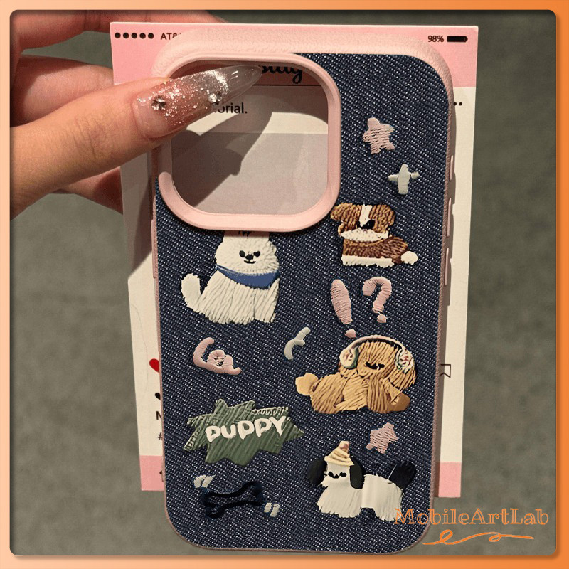 Iphone 17 16 15 14 13 12 11 Pro Max X Xr Xs Max เคสโทรศัพท์การ์ตูนปักคาวบอยลูกสุนัขคู่หนังนุ่มปกหลัง