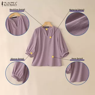 ZANZEA ผู้หญิงสไตล์เกาหลี เสื้อลายเรียบ คอสามส่วนแขนหลวม สไตล์แฟชั่นmodern