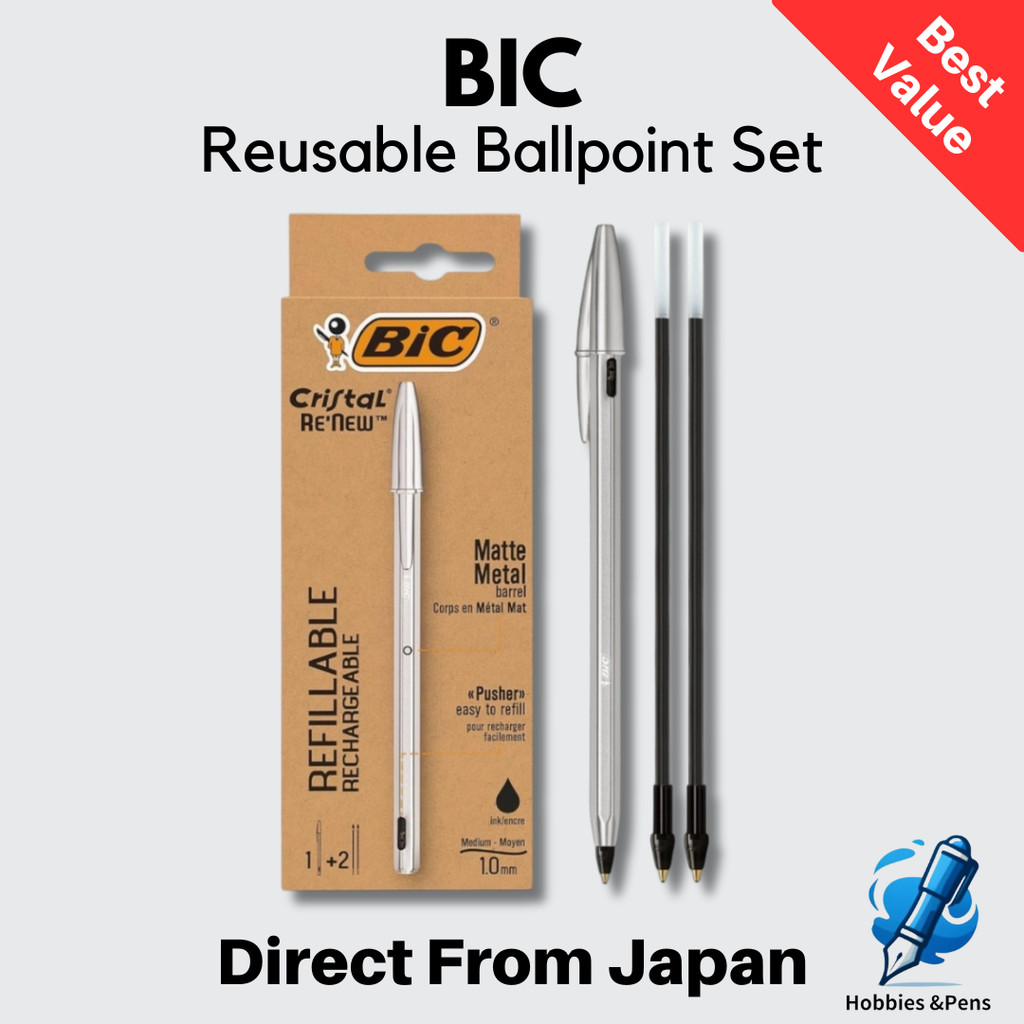 BIC Crystal ReNew Ballpoint Pen Oil Based Black 1.0mm with 2 Refills Box Set Japan