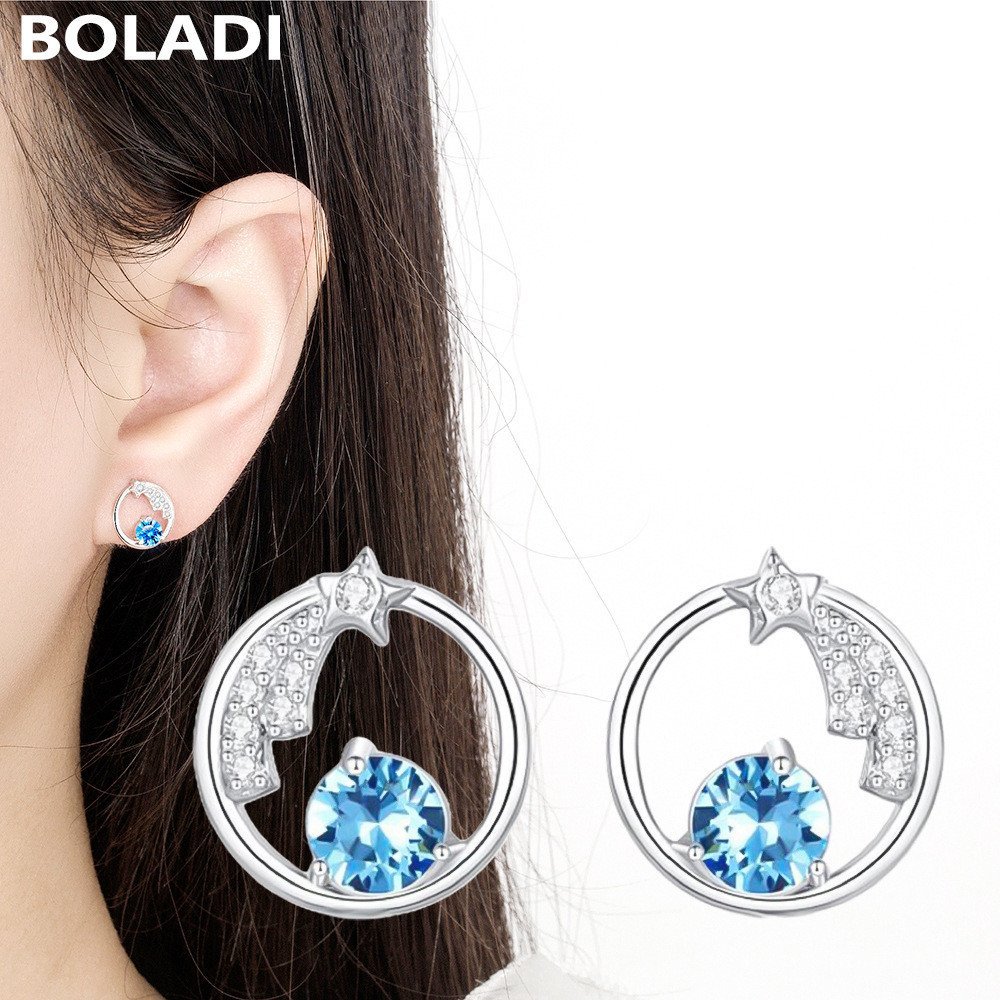 ต่างหูเงินสเตอร์ลิง S999 แบบใหม่ มาพร้อมคริโซพิลาสีฟ้า ทรงเรียบหรู Classy Niche J9DT