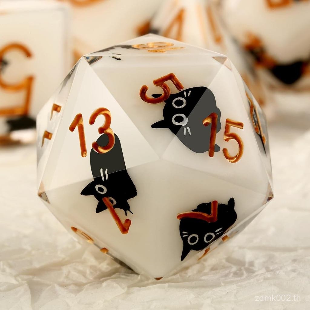 DNDND Kawaii Sharp Edge DND ชุดลูกเต๋า - สติ๊กเกอร์แมวน่ารัก 7 ชิ้น ลูกเต๋า Polyhedral สําหรับ D&D 5