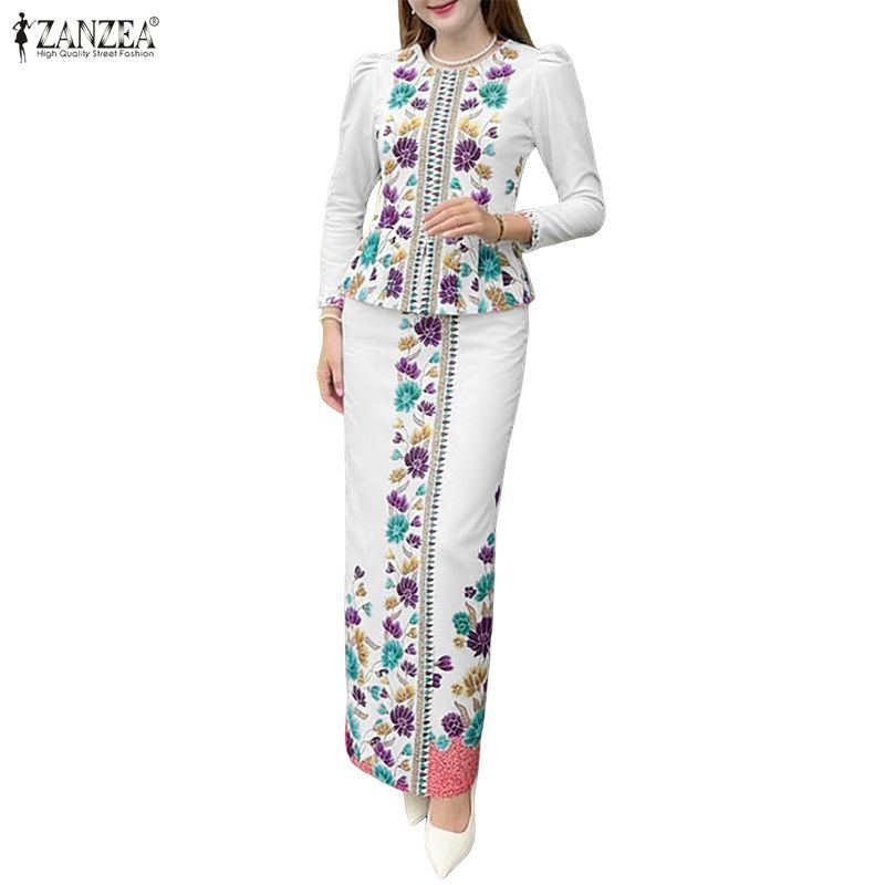 ZANZEA เสื้อเบลาส์พิมพ์ลายแขน 3/4 กับกระโปรงทรงตรงเอวยางยืด ชุดสองชิ้นสำหรับผู้หญิง — صورة 6