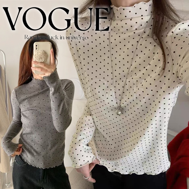Vogue พร้อมส่ง  เสื้อยืดแขนยาว คอเต่าเล็ก ดีเทลลายจุด สีขาวเทา ใสาสบาย (FY7874) ราคา ถูกที่สุด ดีลบีเคเค