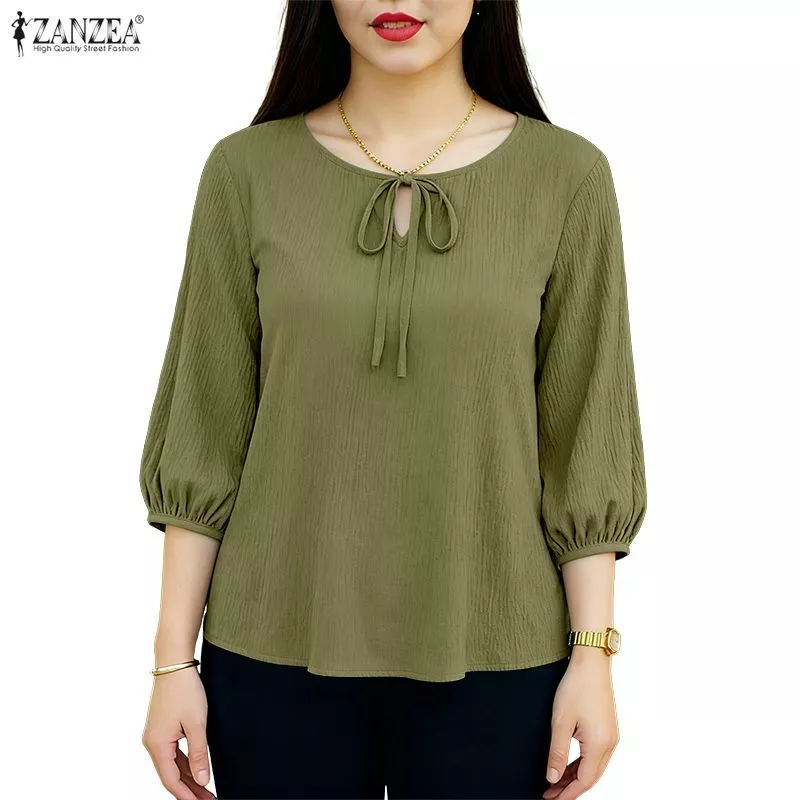 ZANZEA เสื้อลูกเรือสไตล์เกาหลีสำหรับผู้หญิง ออกแบบให้ดูเป็นเลดี้ไลค์ มีโบว์และเชือกรัดที่อก