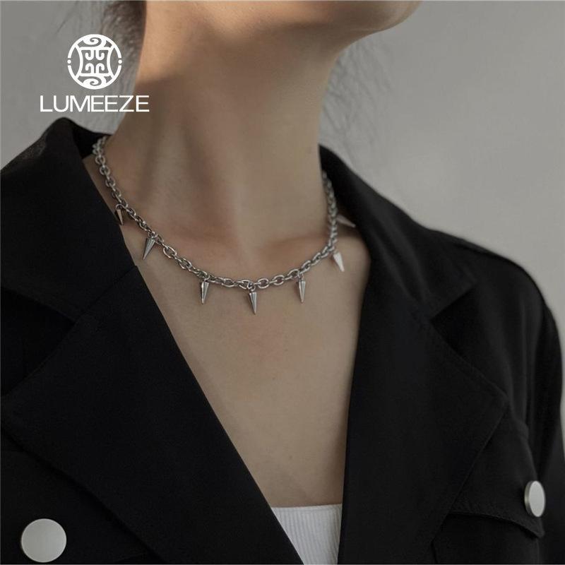 LUMEZE สแตนเลส Punk ความงามสร้อยคอผู้ชาย Choker Cool Hip Hop ผู้หญิง Rivet จี้สร้อยคอเครื่องประดับโกธิคของขวัญ XL128 #