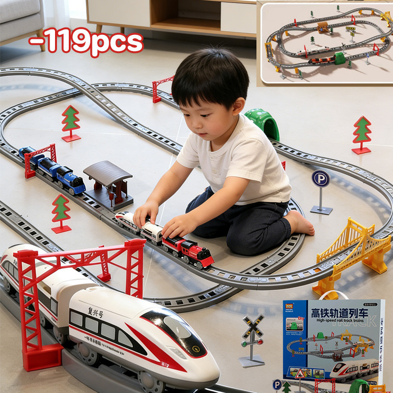 COD รถไฟไฟฟ้า ราง รถไฟความเร็วสูง ชุดรถของเล่นจําลองประกอบ 64-119 ชิ้น ของขวัญเด็กผู้ชาย