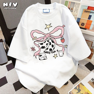 NFV พร้อมส่ง✨ลวดลายดอกไม้ผูกด้วยผีเสื้อ เสื้อยืดทรงหลวมสำหรั…