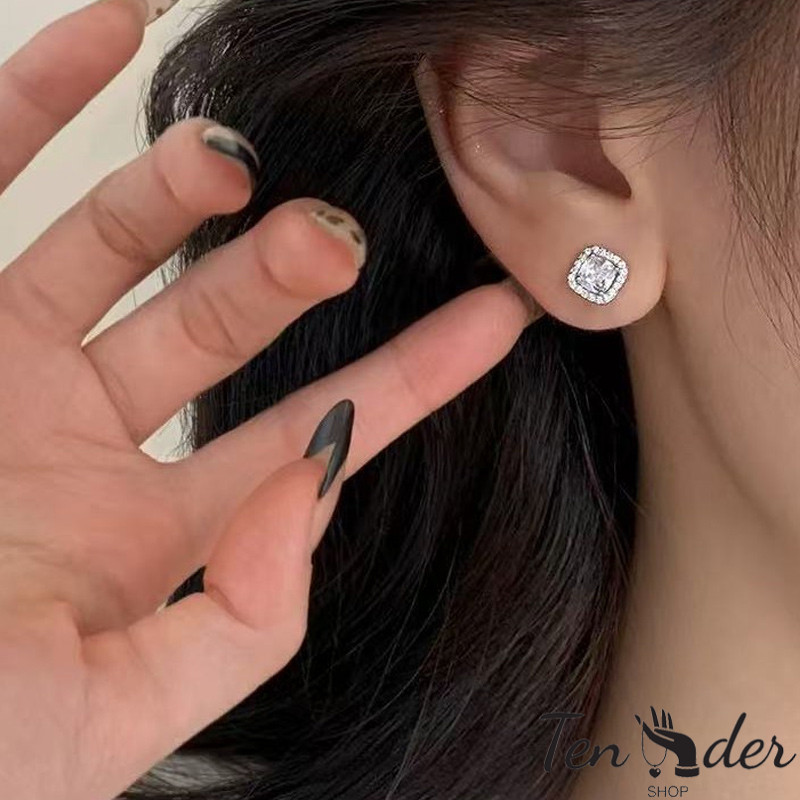 COD-ส่งเร็วจากไทย🎀ต่างหูทรงสี่เหลี่ยม ประดับเพชรสังเคราะห์ (คิวบิกเซอร์โคเนีย) ดีไซน์มินิมอล ใช้งานได้หลากหลาย ระยิ-Ten
