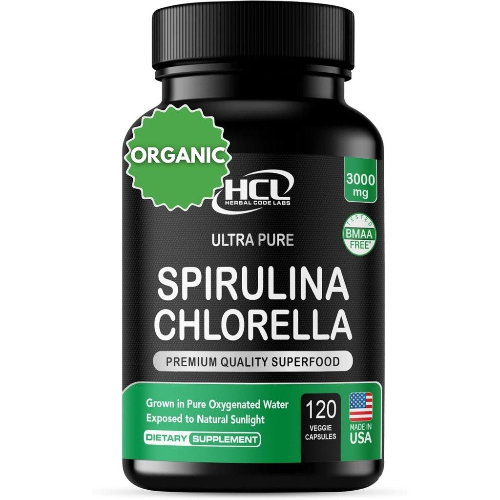 Chlorella Spirulina Powder Capsules Organic 3000 mg of BMAA Free Purest Blue Green Algae - Best Natu