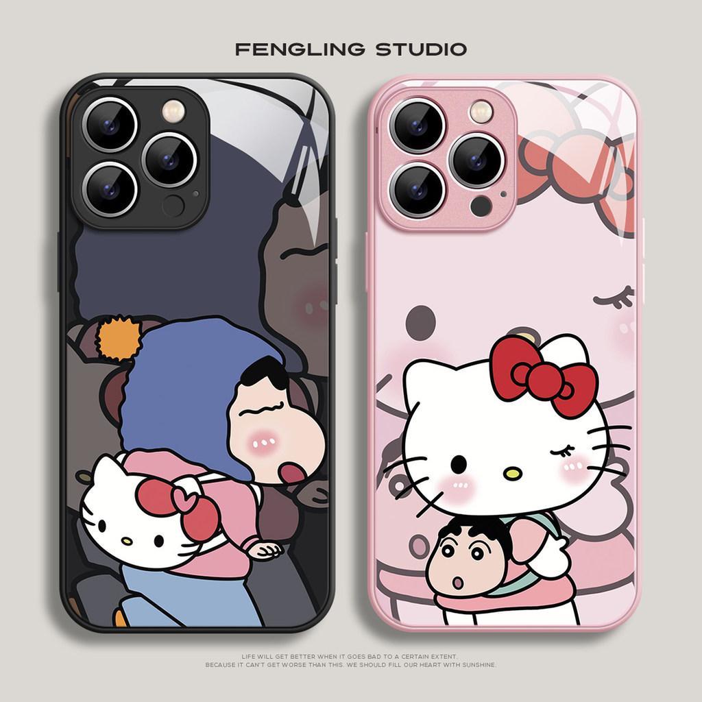 เคสแก้วคู่รัก Kitty Shin-chan เข้ากันได้กับเคส iPhone สําหรับ iPhone /13 Pro Max /17 Pro /14 Pro Max