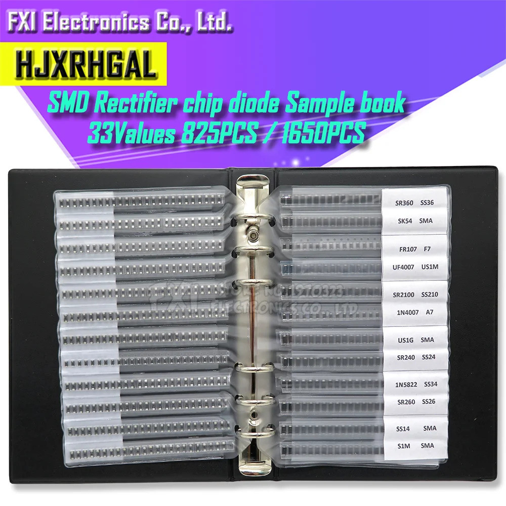 33 ค่า 825PCS 1650PCS SMA Rectifier Diode ตัวอย่างหนังสือ Assortment Kit SF18 1N5824 1N4007 SS220 RS