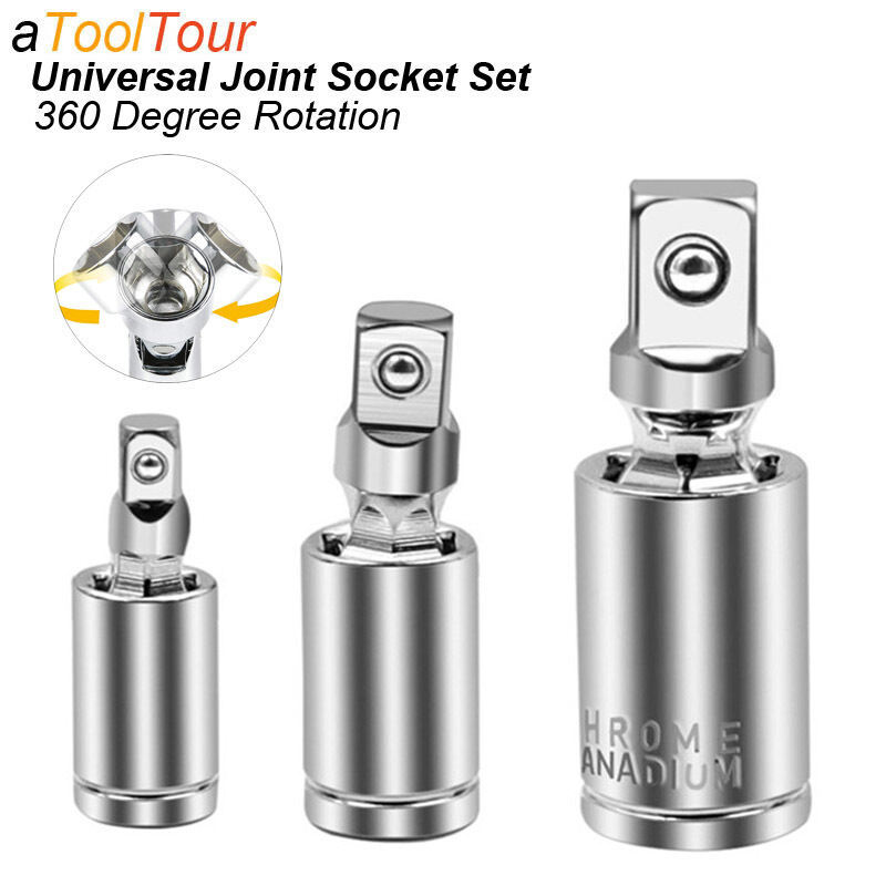 Universal Joint Swivel Socket Adapter Square U-Joint Drive Converter 1/4 3/8 1/2 Head Chrome Vanadiu