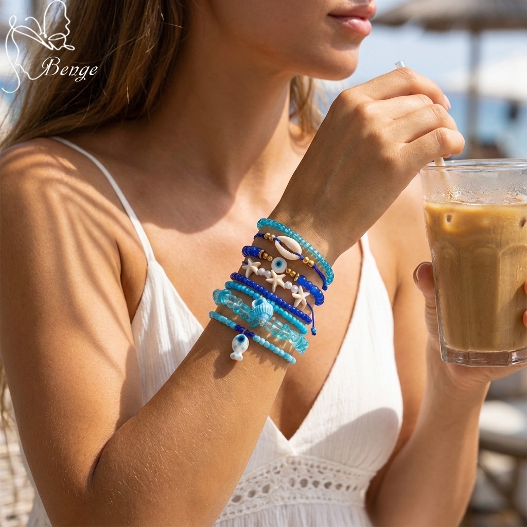 Benge Mermaid Core 8 ชิ้นซ้อนสร้อยข้อมือชุดปลาดาว Fish Pearl ลูกปัดคริสตัลปรับ Layered Beach วันหยุด