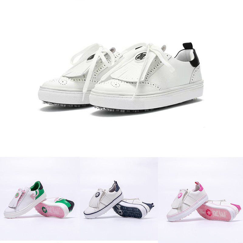 G G4 Nailless พู่ GOLF รองเท้าผู้หญิง GOLF Top Layer Cowhide GOLF กีฬากลางแจ้งรองเท้าผ้าใบสีขาว