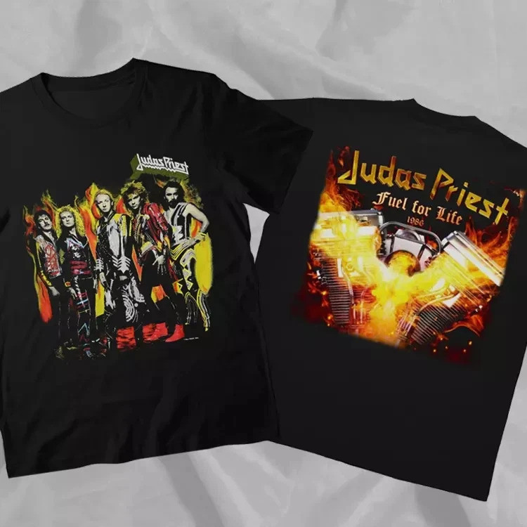 Judas Priest 1986 Tour Fuel for Life Luxury เสื้อยืดสองด้านสําหรับผู้ชายและผู้หญิง Top Y2k