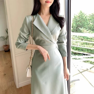 มินิมอล สีฟ้าอ่อน เดรสคอ V แขนยาว รัดเอว เดรสยาว ออกงาน อ๊อฟ ใส่สบาย ลมพัด ขนาด S-3XL 💙