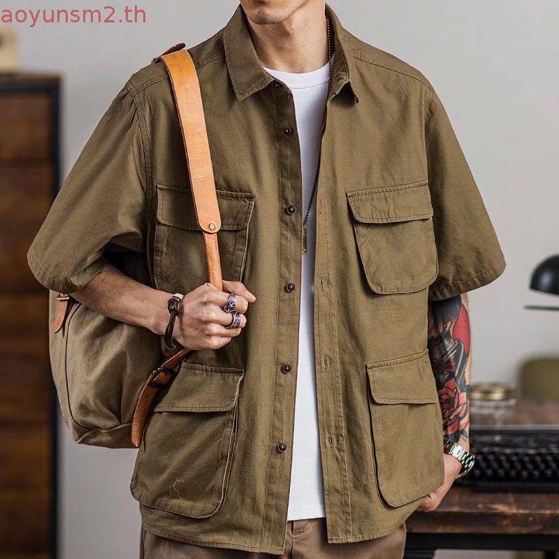 MNO.9 Shirt 617 เสื้อเชิ้ตผู้ชาย เสื้อคลุมแขนสั้น เสื้อเชิ้ตคอปกใช้งานได้จริง เสื้อเชิ้ตคอปก ลำลอง ว