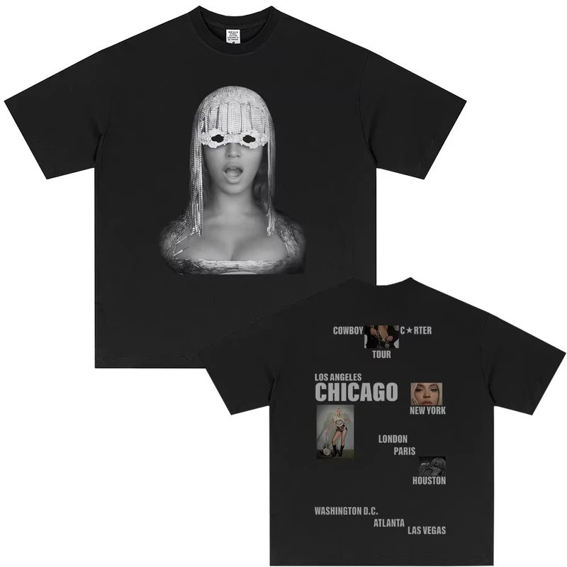 เสื้อยืด Beyonce Cowboy Carter Tour สำหรับผู้ชายและผู้หญิง แฟชั่นเพลงป๊อป เสื้อยืดแขนสั้น ยูนิเซ็กส์