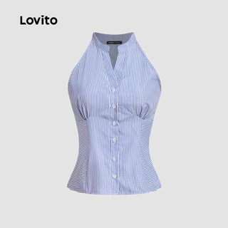 Lovito แคชชวล กระดุมลายทางลําลองเรขาคณิตจีบฤดูร้อนฤดูใบไม้ผลิเสื้อสายเดี่ยวสีฟ้าและสีขาวสําหรับผู้หญิง L135ED386