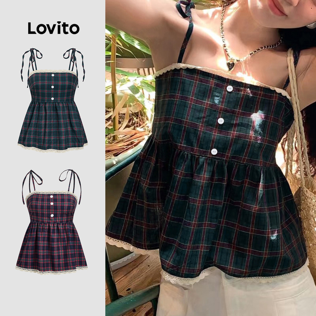 Lovito เสื้อผูกไหล่ผู้หญิง มีกระดุม ลายสก๊อต แต่งระบาย สไตล์แคชชวล L104ED086