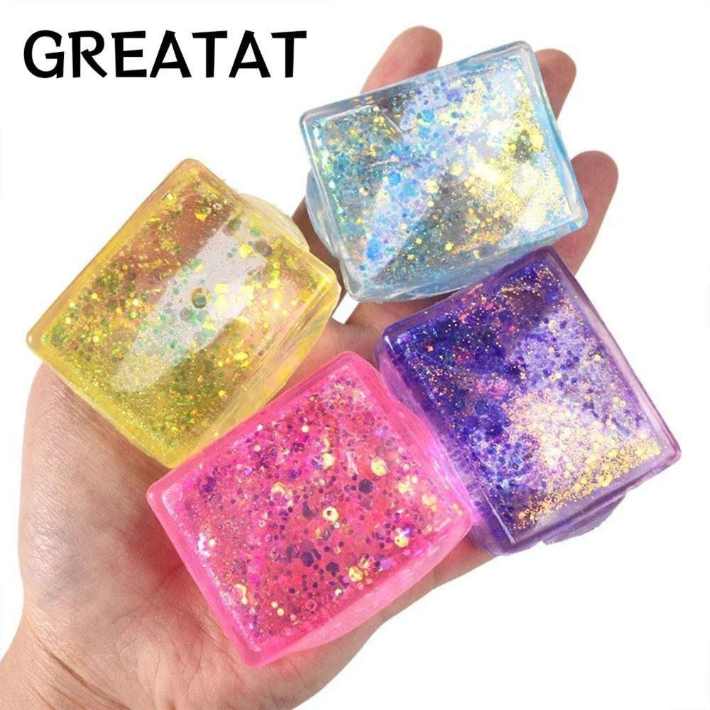 GREAT Glitter Squishy Cube, Malt Sugar Slow Rise Gel Ice Cube, Creative Soft Texture Decompression S