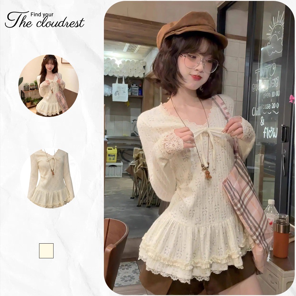 เสื้อยืดถักแขนยาวคอวีสไตล์เกาหลีฤดูใบไม้ผลิและฤดูใบไม้ร่วงใหม่แฟชั่นลูกไม้ด้านล่างเสื้อด้านบน