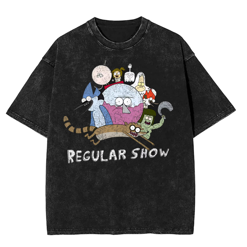 การ์ตูนRegular Show graphic 100% ผ้าฝ้าย Heavyweight Washed short-SLEEVE เสื้อยืดสําหรับผู้ชาย