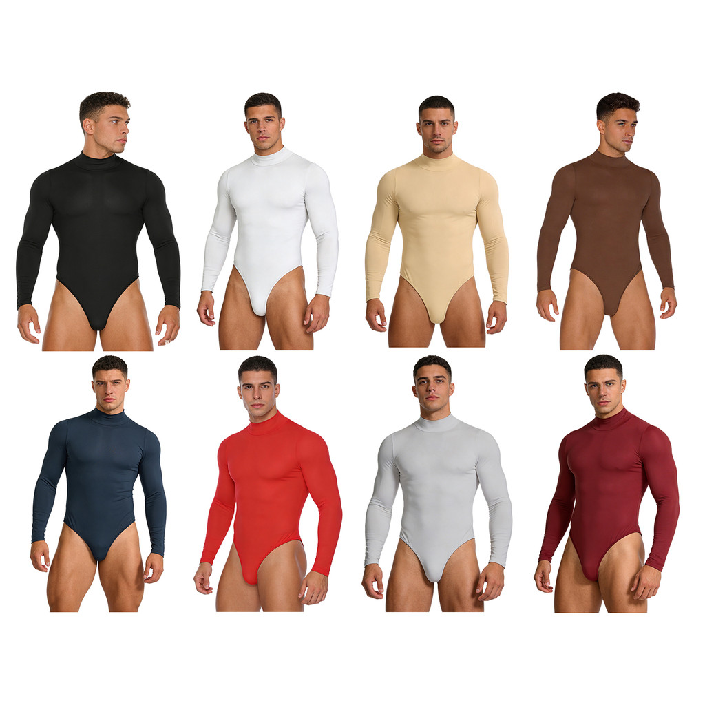 Nikiikoo Mens บอดี้สูท Mock คอแขนยาว Buttoned Crotch สีทึบ Leotard Jumpsuit One Piece Rompers สําหรับโยคะเต้นรําออกกําลังกาย Club Party
