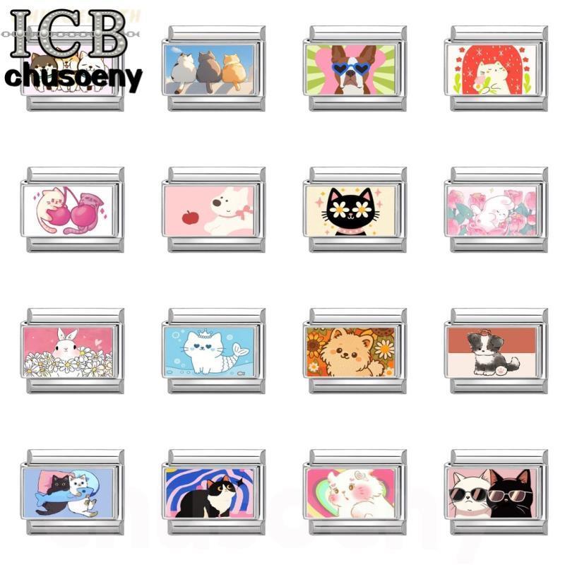 สร้อยข้อมือสแตนเลสสไตล์อิตาเลียน ขนาด 9 มิลลิเมตร ลายเส้นของแมวและสุนัข เพื่อทำเองและตกแต่งบุคลิกภาพ