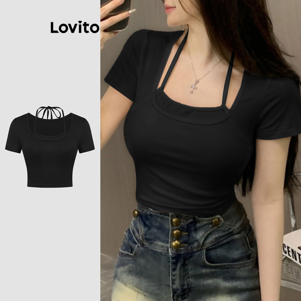 Lovito เสื้อยืด แบบเบสิก ดีไซน์ 2-in-1 สีพื้น สไตล์ลำลอง สำหรับผู้หญิง L117ADD057