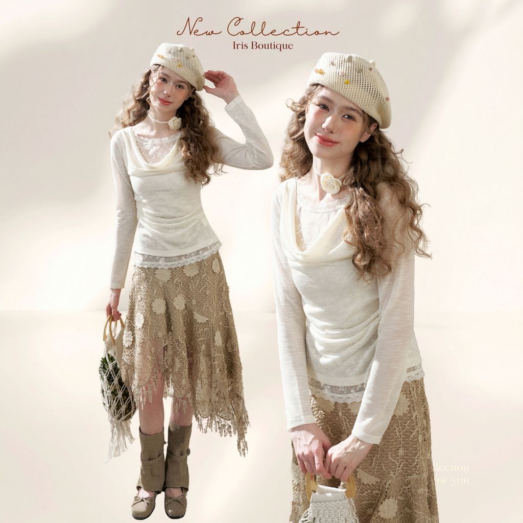 Original Design IRIS BOUTIQUE 26 ss Trims series IS19135-IK73821Draped Sheer Top & Lace Patch Skirt Set เซ็ตลุคหวานละมุน