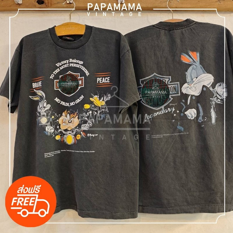 [ HARLEY - DAVIDSON X ลูนี่ตูนส์ ] NO PAIN, NO GAIN Bio Washed เสื้อวินเทจ เสื้อทัวร์ ฮาเลย์ papamama vintage shirt