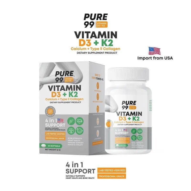 Pure99 วิตามิน D3+K2+แคลเซียม+คอลลาเจน ชนิด ll (ข้อ เข่า กระดูก) 30 เม็ด 8XDG